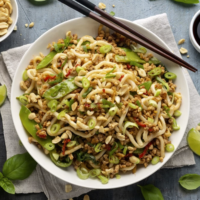 Fried noodles with beef and Pak Choi